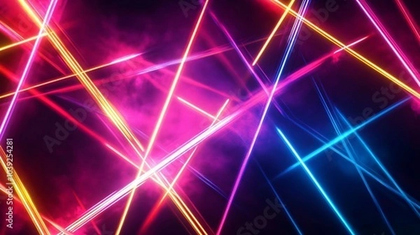 Fototapeta Abstract neon light streaks in pink, yellow, and blue against a dark background.