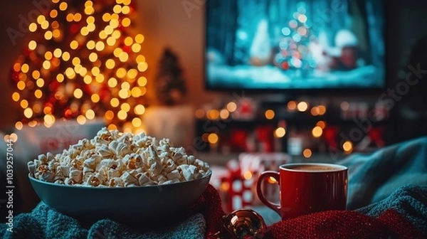 Obraz Christmas movie night with friends, watching holiday classics together, surrounded by Christmas lights and hot cocoa.