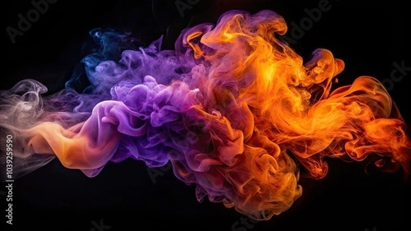 Fototapeta Breathtaking double exposure animation featuring vibrant purple and orange smoke spiraling against a dark backdrop, ideal for creative visuals and artistic expressions.