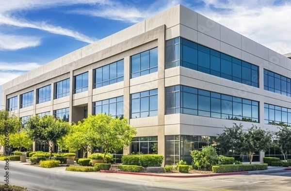 Fototapeta High-end commercial office building with large windows and concrete panels at highway corner in Glendora, California, modern architecture.