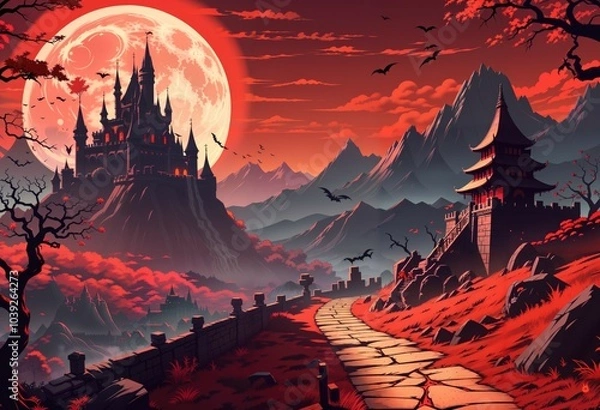 Fototapeta Spooky castle with pointed towers sits atop a hill,  moon looms behind it, casting long shadows. The winding path leading to the castle is lined with gravestones, Generative AI