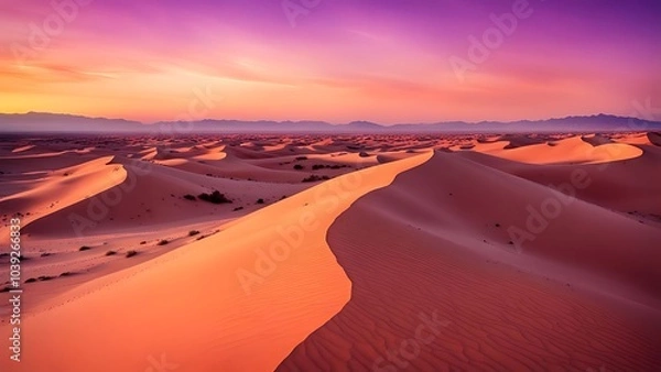 Obraz Sunset over a desert landscape, with the shadows of sand dunes stretching long across the barren land, the sky painted with vibrant orange and purple hues.
