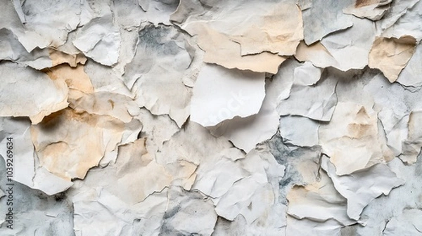 Fototapeta Abstract texture of peeling paint on a wall with different shades of white, cream, brown, and gray.