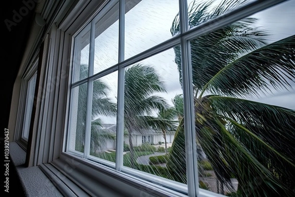 Fototapeta Inside of a home during a hurricane, palms in background being blown by the strong winds and rain, house is protected with the windows	
