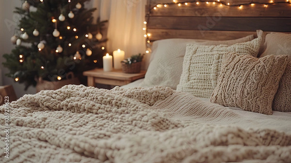 Fototapeta Cozy bedroom with chunky knit blankets, textured pillows, Christmas tree, and warm candlelight for a festive winter ambiance.