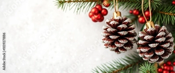 Obraz Pine Cone Christmas Ornaments on a White Background