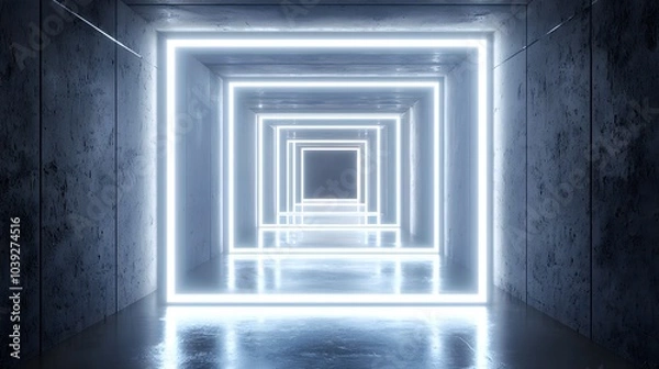 Fototapeta Close-up of two lightbox advertising banners in an underground station, futuristic environment, glowing with white neon light, concrete walls, high-resolution, ultra-realistic