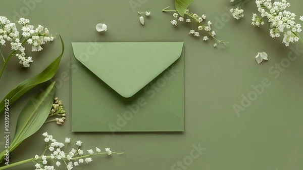 Fototapeta Rustic wedding invitation card mockup, green envelope and lilies