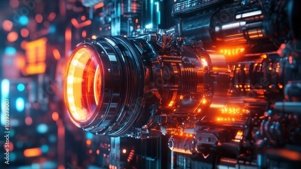 Obraz A futuristic, illuminated mechanical component showcasing advanced technology and design.