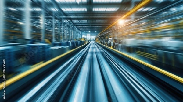 Fototapeta A blurred perspective of an industrial setting, showcasing conveyor belts and machinery.