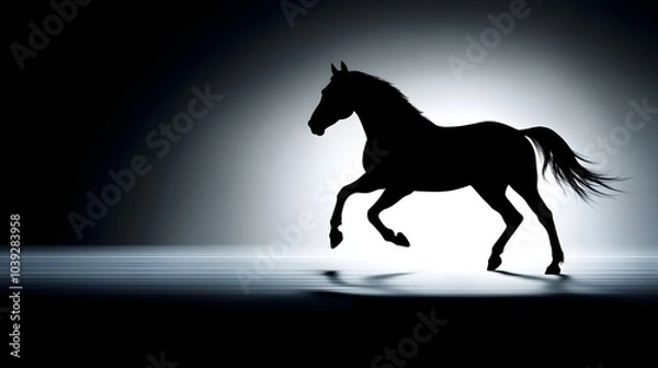 Fototapeta Silhouetted horse in motion, galloping in black and white, minimalist, casting dramatic shadow, abstract lines, monochrome, modern concept art