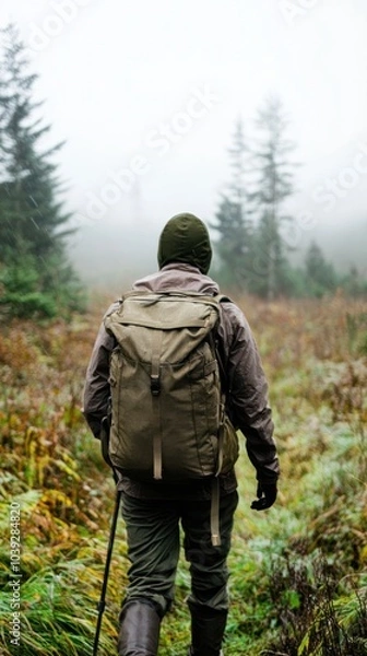 Fototapeta Exploring the Mystical Wilderness A Solo Hiker's Journey Through Foggy Trails