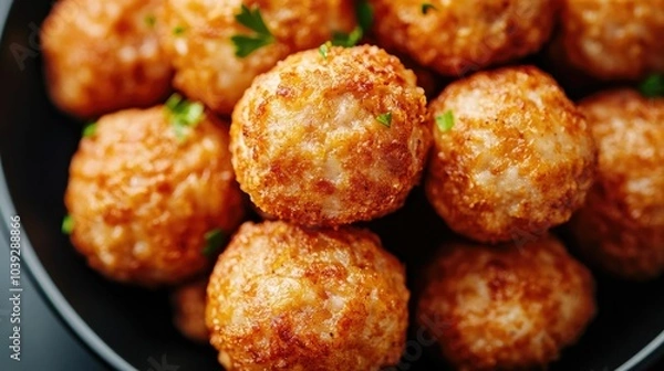 Fototapeta Crispy golden brown fried meatballs in a detailed high angle close up view shot on a dark studio background with copy space  This savory appetizer or snack dish is perfect for parties gatherings