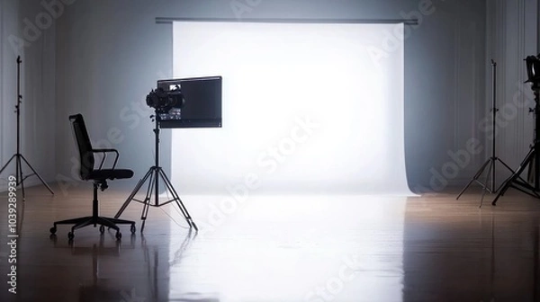 Fototapeta A Minimalistic Photography Studio Setup Featuring a Chair Camera and Backdrop for Creative Projects