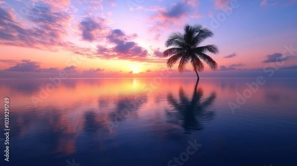 Fototapeta Serene sunset over calm waters with a solitary palm tree reflecting in the water.