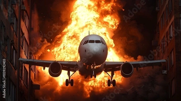 Fototapeta Dramatic scene of a crashed plane spiraling flames and thick smoke into the sky above a quiet urban cityscape creating a chaotic and dangerous disaster in the city environment