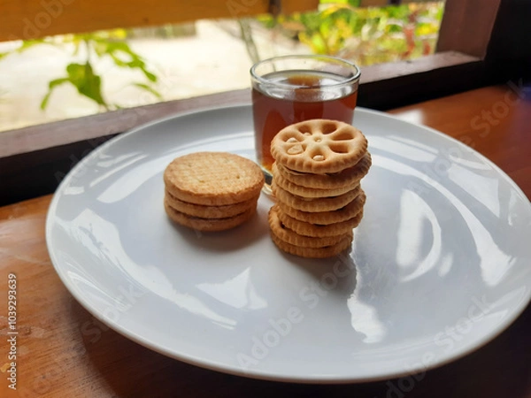 Fototapeta various kinds of biscuits that are usually eaten at breakfast accompanied by a glass of hot coffee on a white plate