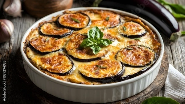 Obraz A Greek moussaka, with layers of eggplant, minced meat, and béchamel sauce.



