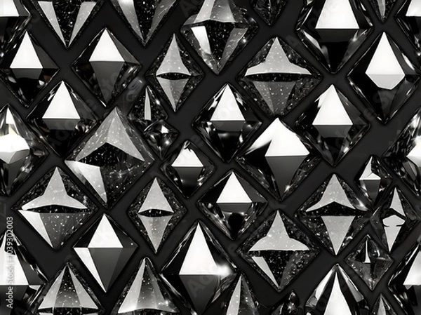 Fototapeta Glamorous 3D black diamond textures with brilliant white sparkles and high contrast on charcoal gradient
