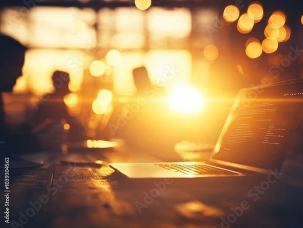 Fototapeta Sunset Glow Over a Laptop in a Modern Workspace with Silhouetted Figures and Warm Light