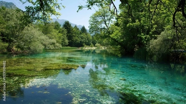 Fototapeta Beautiful and clear natural scenery - a captivating view of nature's wonders. This idyllic scene showcases the splendor of clear skies, lush landscapes, and serene waters, inviting you to immerse your