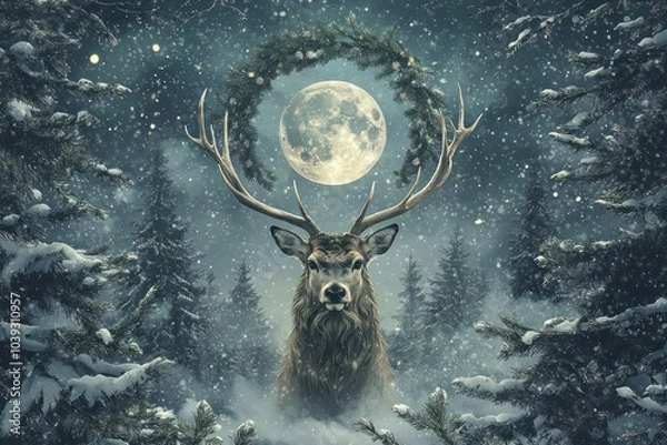 Fototapeta Pine forest and moonlit wreath framing a majestic buck for Winter Solstice.