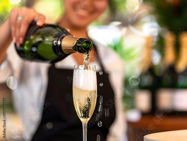 Fototapeta woman in apron pours champagne into glass, creating festive atmosphere. soft focus highlights bubbles and joyful moment of celebration