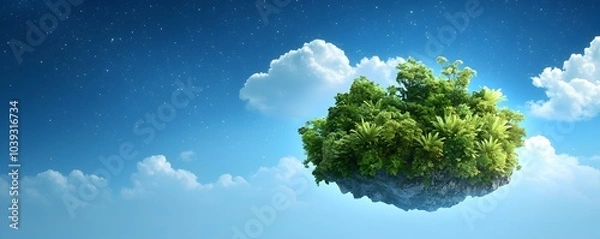 Fototapeta Enchanting Celestial Skies Over a Vibrant 3D Floating Island - Illuminated Vegetation and Striking Contrasts in Dreamlike Landscape