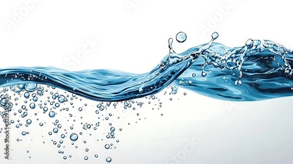 Fototapeta Water Wave Splash with Air Bubbles on White Background