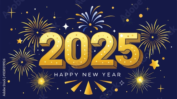 Obraz Happy New Year 2025 Glittering Gold Fireworks Stars and Champagne Bubbles Rising Background Vector