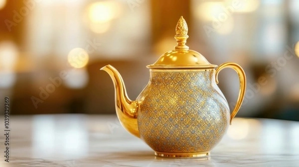 Fototapeta A luxurious gold teapot with intricate ornate details placed on a high end formal dining table exuding a sense of elegance sophistication and refined opulence