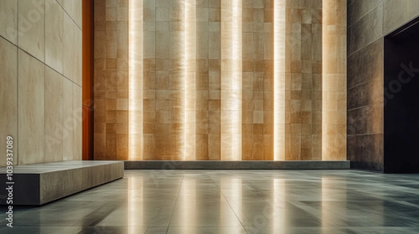Fototapeta Modern architectural interior with illuminated wall and polished floor in a contemporary space