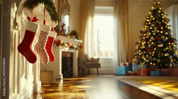 Fototapeta An empty scene featuring a lively family room filled with decorations, where whimsical customizable stockings are hung on a whimsical coat rack beside a bright tree, 