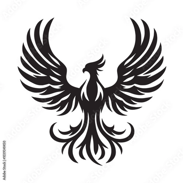 Fototapeta Black and white silhouette of a phoenix with its wings spread.