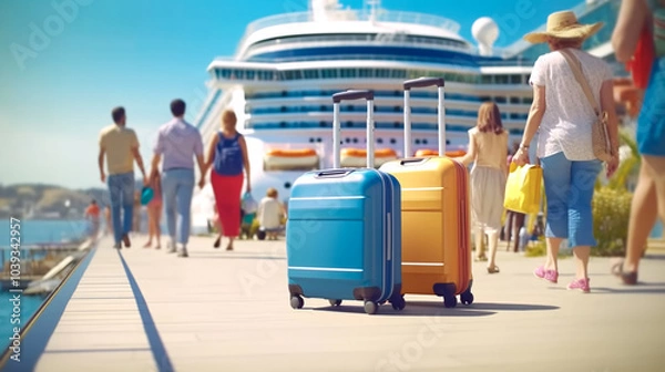 Obraz Yellow and blue suitcases stand in port as they are loading onto cruise ship. Family rest and vacation concept. High quality illustration