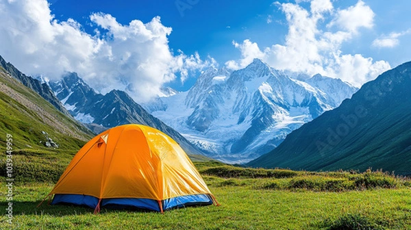 Obraz Orange tent in the mountains on a summer day
