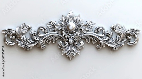 Fototapeta Delicate silver ornamental frame with flowing curves and fine scrollwork, forming a symmetrical border on a white background.