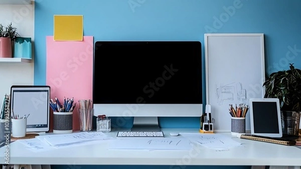 Fototapeta Modern minimalist home office desk with computer, tablet, and supplies.
