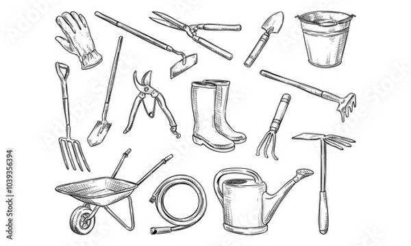 Obraz gardening tools handdrawn collection
