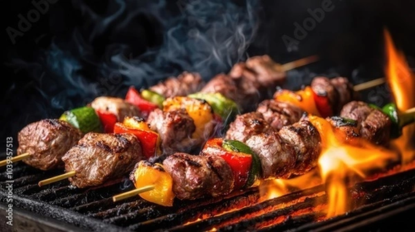 Fototapeta Grilled meat skewers with vegetables, smoky background, delicious and vibrant.