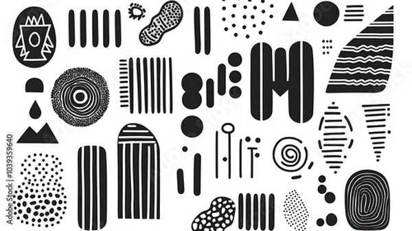 Fototapeta Mid-century inspired abstract set of hand-drawn geometric shapes and stripe lines in black and white, suitable for minimalist wall decor