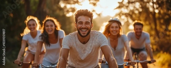Obraz Panorama of joyful friends enjoying riding bicycle together, Generative AI