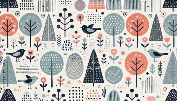 Obraz 北欧風のシームレスパターン - 木、鳥、花の幾何学デザイン