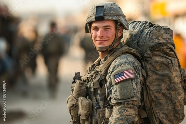 Obraz Patriotic American soldier returning home from the army, Generative AI