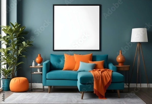 Obraz A modern living room with a teal blue sofa, orange throw pillows, and a large framed blank wall.