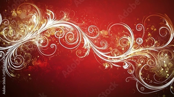 Fototapeta Elegant Christmas card featuring intricate white swirls on a deep red background with gold accents