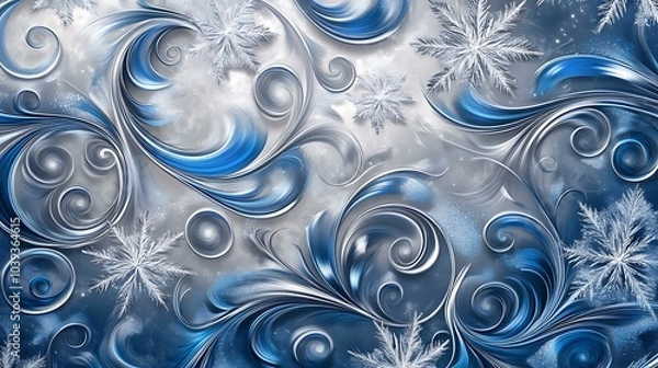 Fototapeta Elegant silver and blue swirled patterns with snowflake details for a modern Christmas greeting