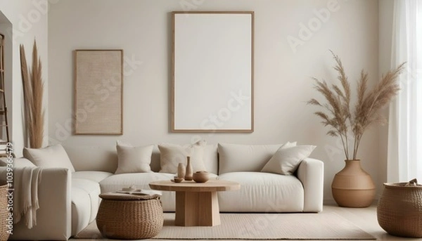 Fototapeta A minimalist living room with a beige sofa, a wooden coffee table, and a large framed mirror on the wall.