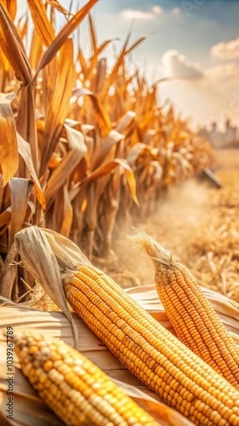 Fototapeta  Close-Up of Corn Ears in Sunlit Field During Autumn Harvest