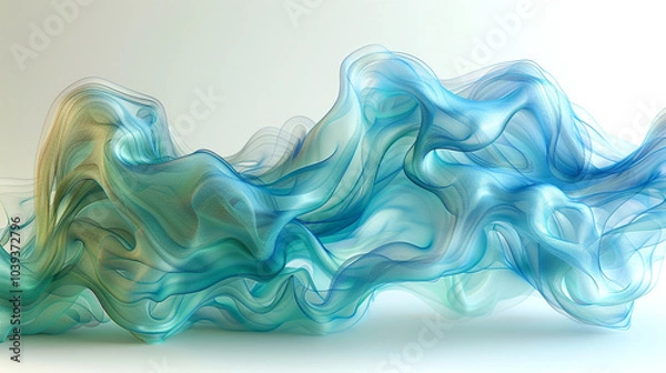 Fototapeta Ethereal waves of blue and green silk swirling gracefully in soft light